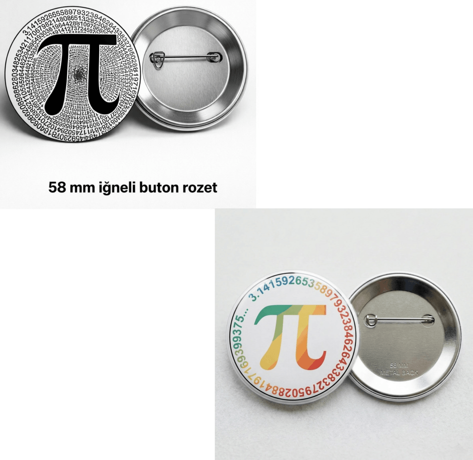 5 adet karısık Pi günü Büyük boy foroğraf kağıdına baskı iğneli rozet