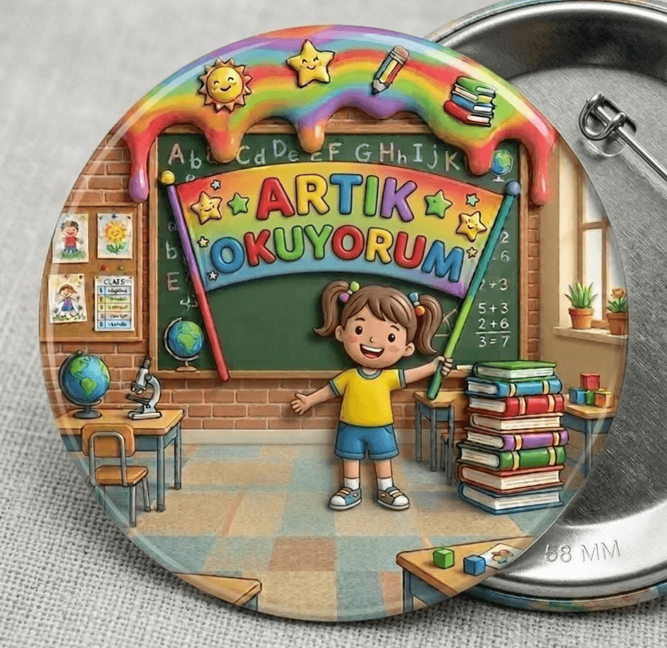 1 adet Artık Okuyorum Kız Çocuk büyük boy iğneli rozet