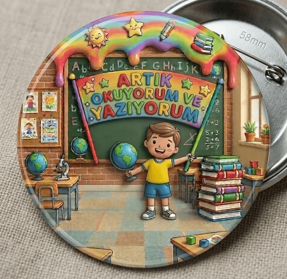 5 adet Artık Okuyorum ve Yazıyorum Erkek Çocuk büyük boy iğneli rozet