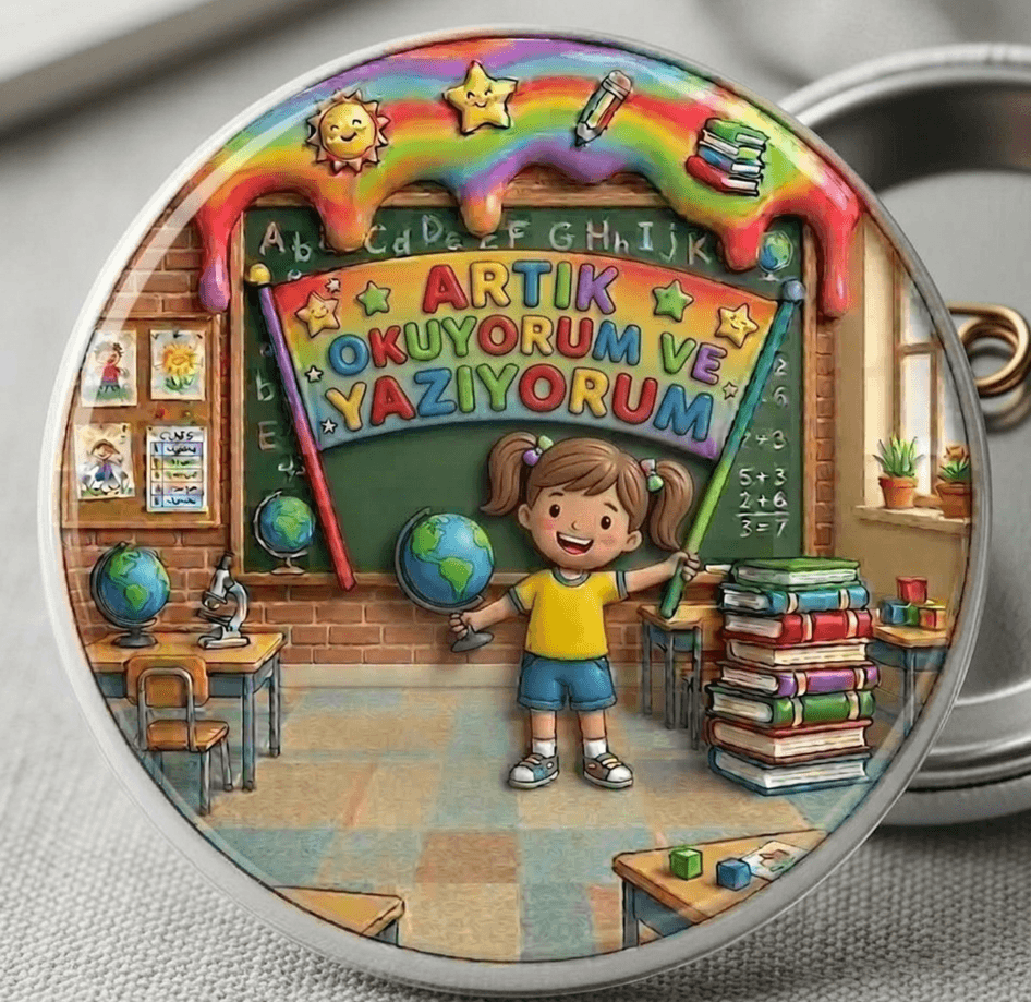 1 adet Artık Okuyorum ve Yazıyorum Kız Çocuk büyük boy iğneli rozet
