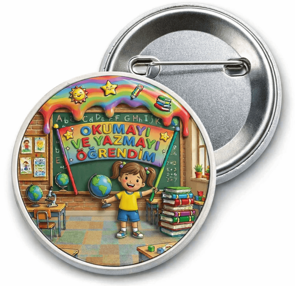 1 adet Okumayı Yazmayı Öğrendim Kız Çocuk büyük boy iğneli rozet