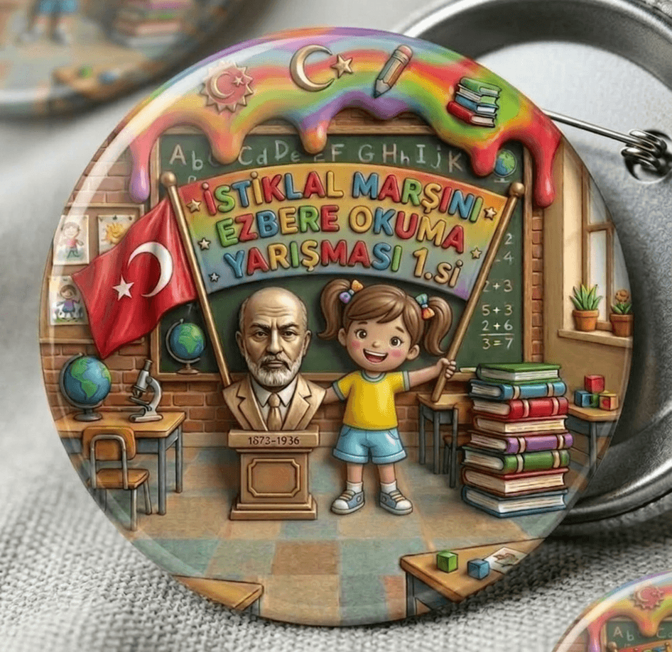 10 adet İstiklal Marşını Ezbere Okuma Yarışması Birincisi Kız çocuk büyük boy iğneli rozet