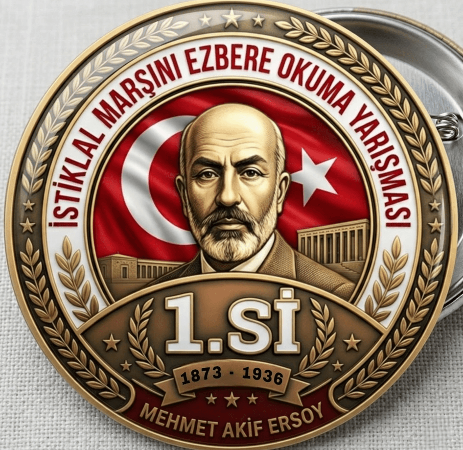 10 adet İstiklal Marşını Ezbere Okuma Yarışması Birincisi kaliteli baskı büyük boy iğneli rozet