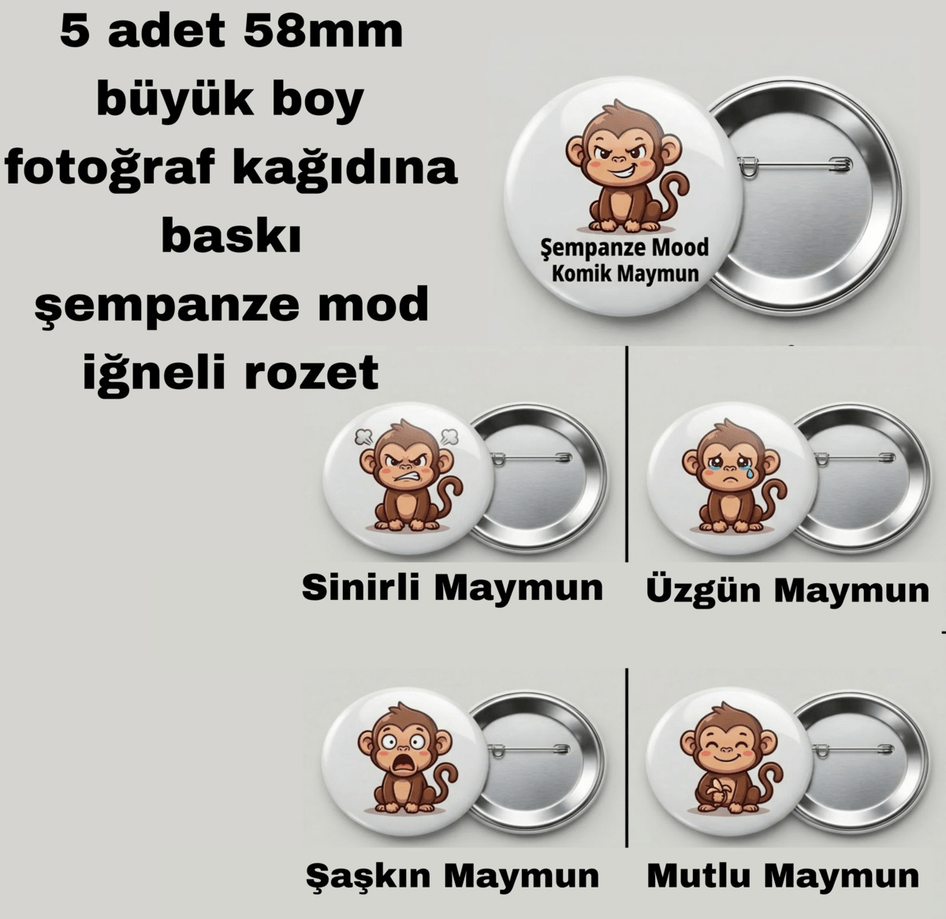 5 adet BÜYÜK BOY şempanze mod iğneli rozet