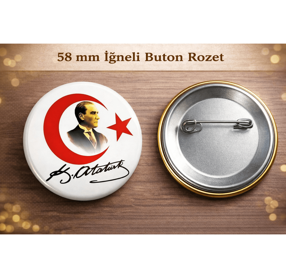 5 adet Mustafa kemal atatürk BÜYÜK BOY kaliteli baskı iğneli rozet (hediyeli)