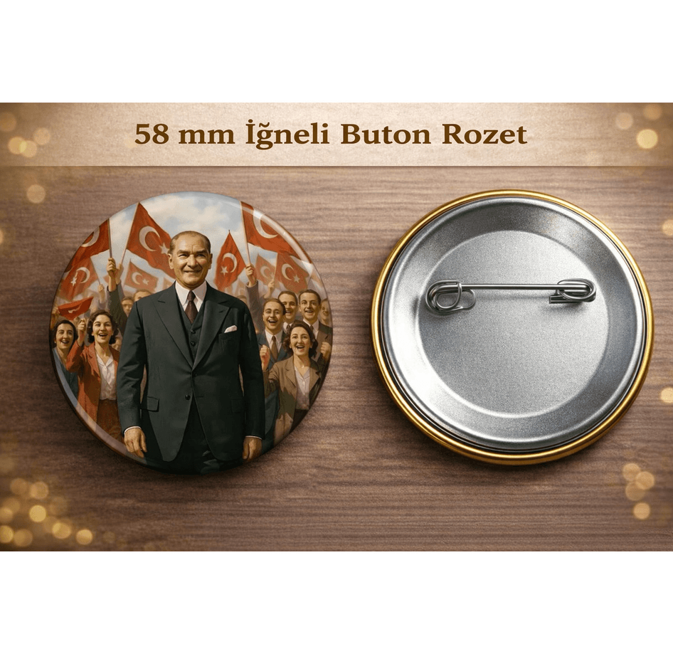 5 adet Mustafa kemal atatürk BÜYÜK BOY kaliteli baskı iğneli rozet (hediyeli)