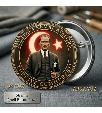 5 adet Mustafa kemal atatürk BÜYÜK BOY kaliteli baskı iğneli rozet (hediyeli)