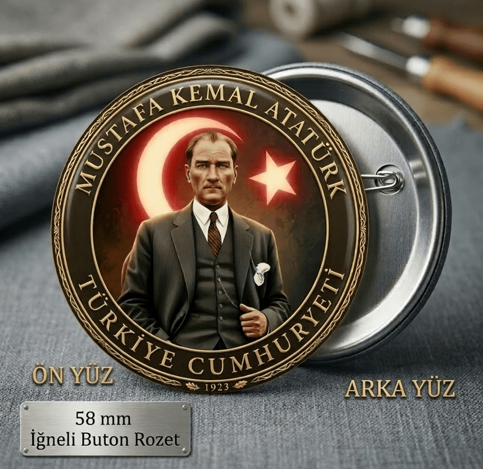 5 adet Mustafa kemal atatürk BÜYÜK BOY kaliteli baskı iğneli rozet (hediyeli)