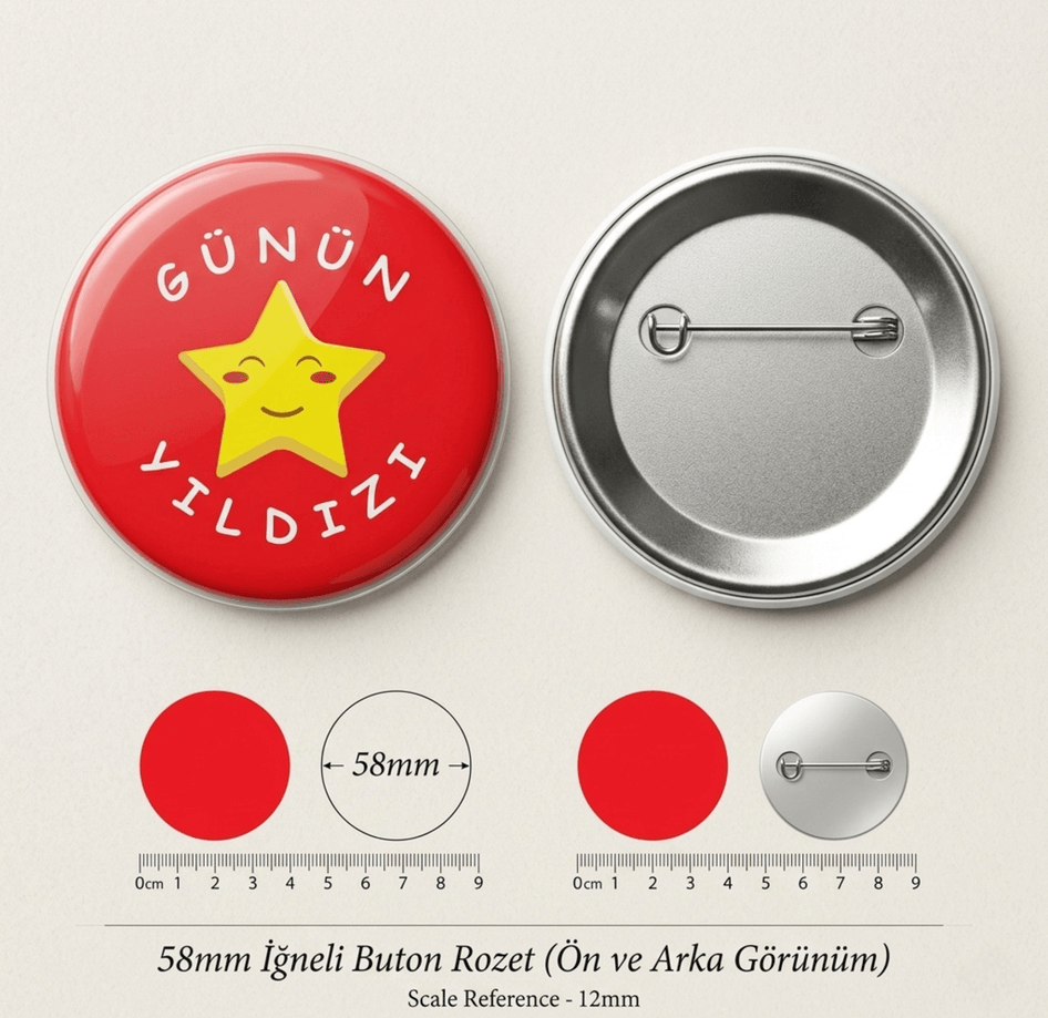 Günün yıldızı 5 adet BÜYÜK BOY kaliteki baskı iğneli rozet