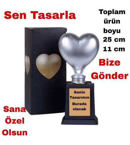 Kişiye özel Gümüş renk Sen tasarla takı saklama bölmeli kalp şeklinde sevgililer günü ödül kupası