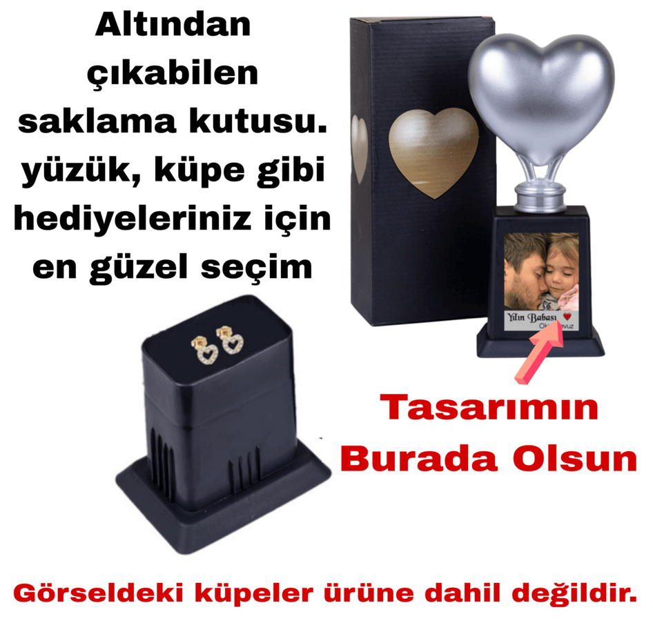 Kişiye özel Gümüş renk Sen tasarla takı saklama bölmeli kalp şeklinde sevgililer günü ödül kupası