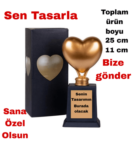 Kişiye özel GOLD renk Sen tasarla takı saklama bölmeli kalp şeklinde sevgililer günü ödül kupası