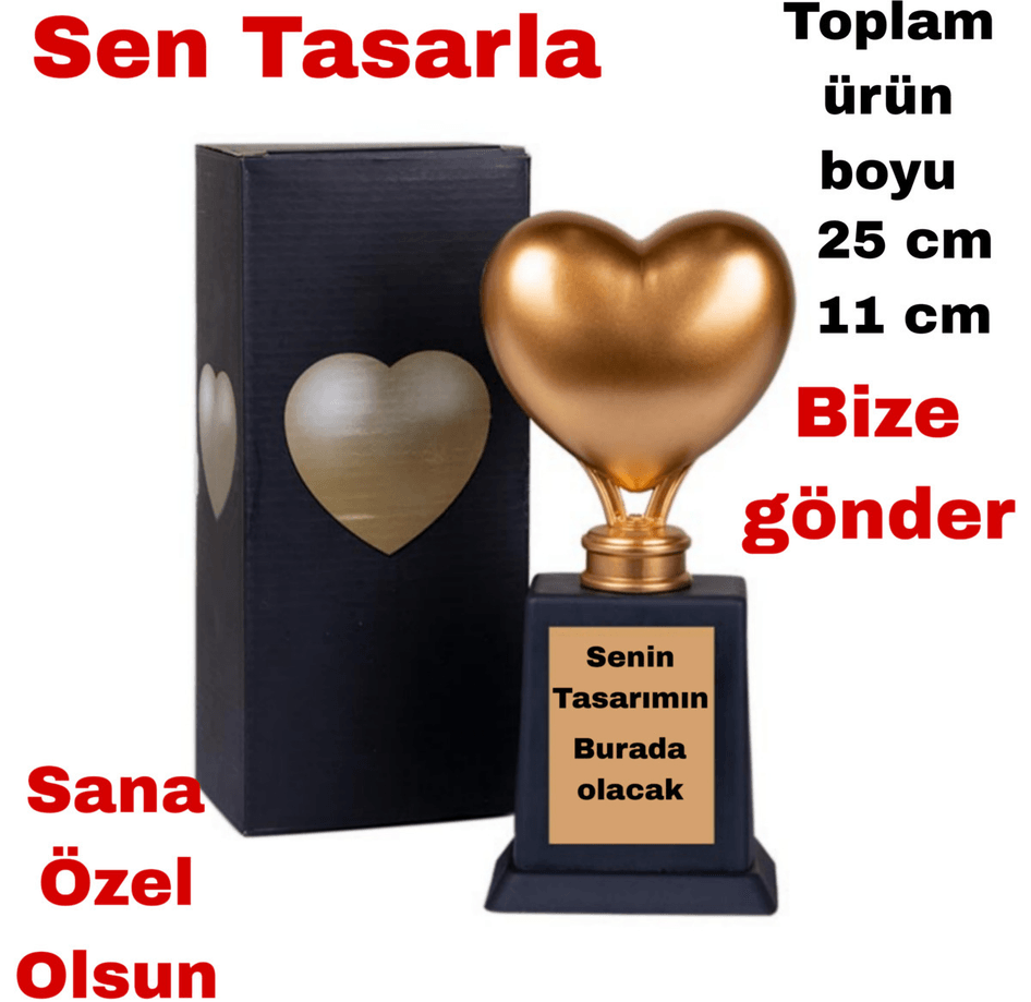 Kişiye özel GOLD renk Sen tasarla takı saklama bölmeli kalp şeklinde sevgililer günü ödül kupası