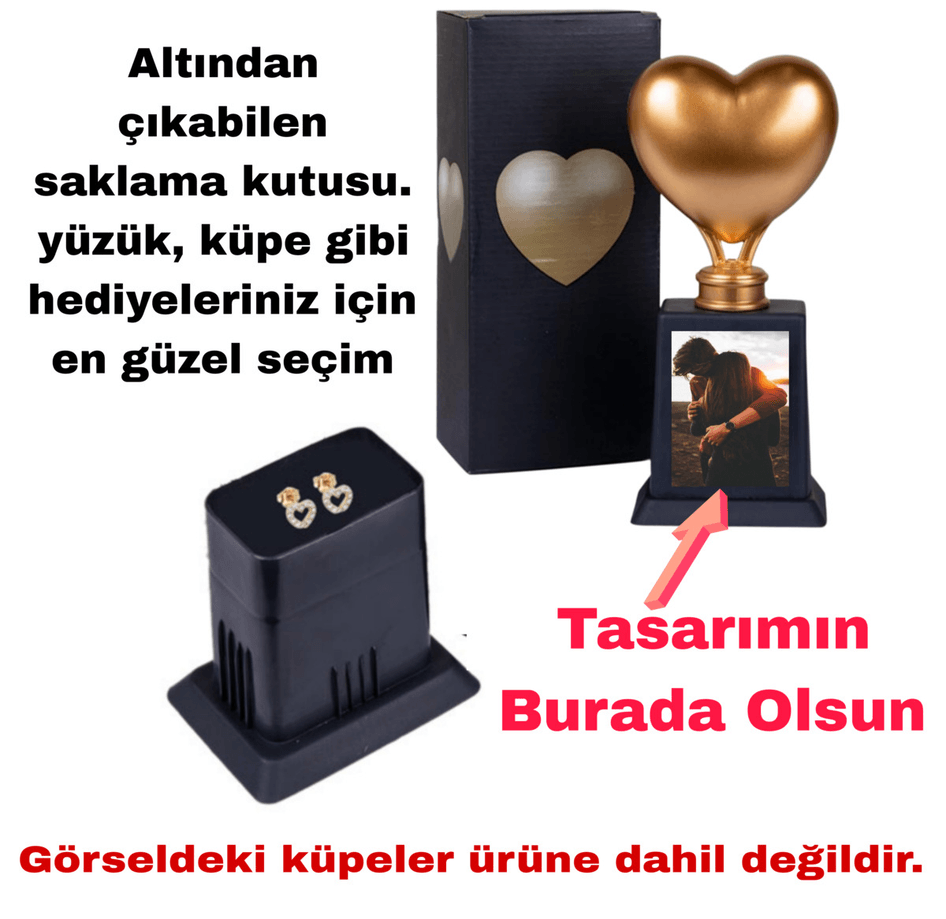 Kişiye özel GOLD renk Sen tasarla takı saklama bölmeli kalp şeklinde sevgililer günü ödül kupası