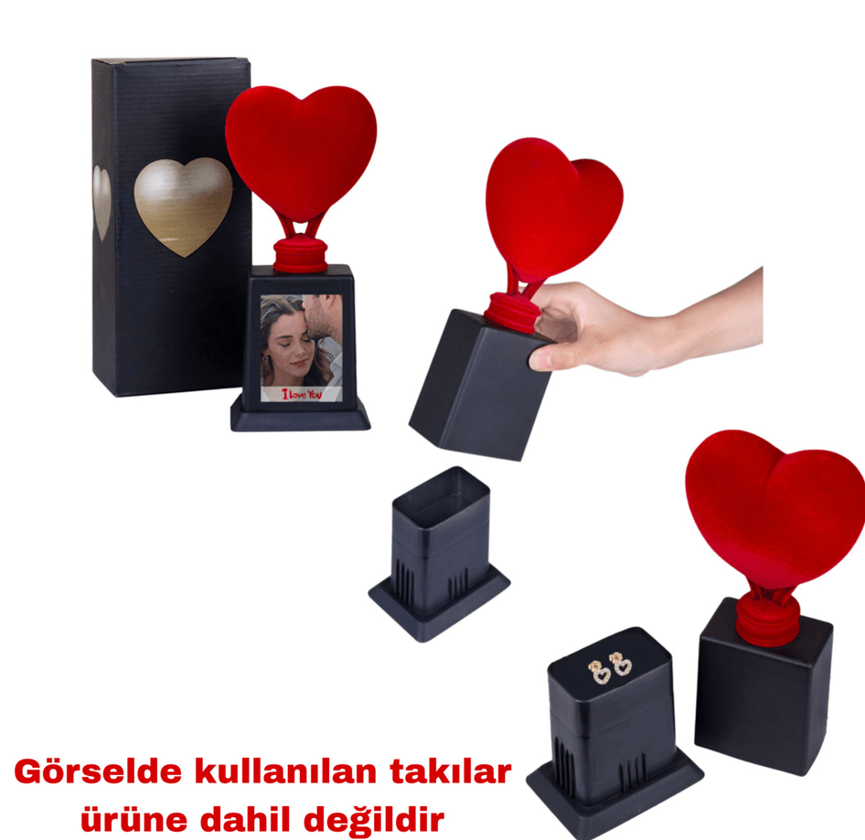 Kişiye özel GOLD renk Sen tasarla takı saklama bölmeli kalp şeklinde sevgililer günü ödül kupası