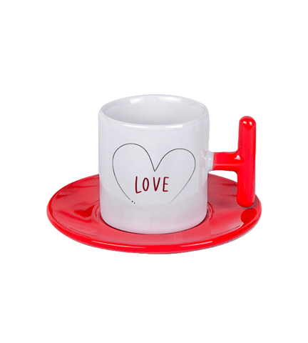 Kişiye özel T Kulpu ve Tabaği Kırmızı Türk Kahvesi Fincanı