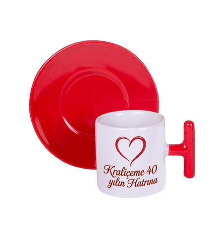 Kişiye özel T Kulpu ve Tabaği Kırmızı Türk Kahvesi Fincanı
