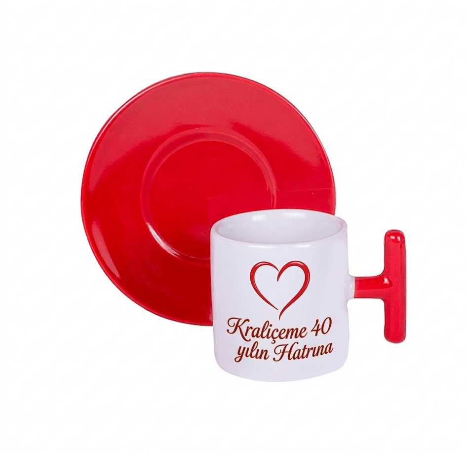 Kişiye özel T Kulpu ve Tabaği Kırmızı Türk Kahvesi Fincanı