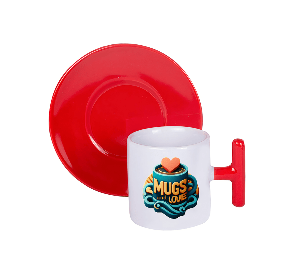 Kişiye özel T Kulpu ve Tabaği Kırmızı Türk Kahvesi Fincanı