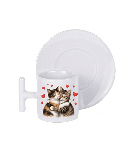 Kişiye özel T Kulpu ve Tabaği Beyaz Türk Kahvesi Fincanı