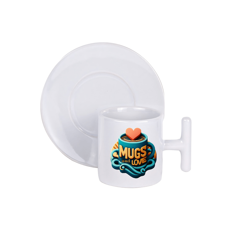 Kişiye özel T Kulpu ve Tabaği Beyaz Türk Kahvesi Fincanı