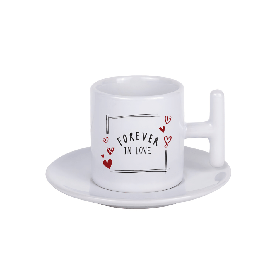 Kişiye özel T Kulpu ve Tabaği Beyaz Türk Kahvesi Fincanı