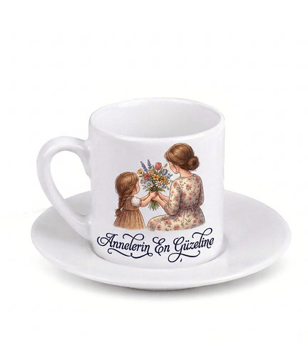 Kişiye özel Kulpu ve Tabaği Beyaz Türk Kahvesi Fincanı