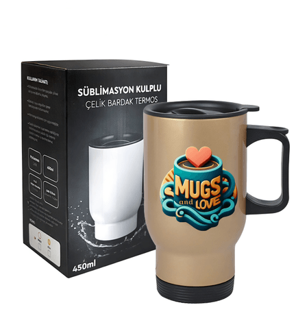 Kişiye özel Altın renk Çelik Kulplu Bardak Termos
