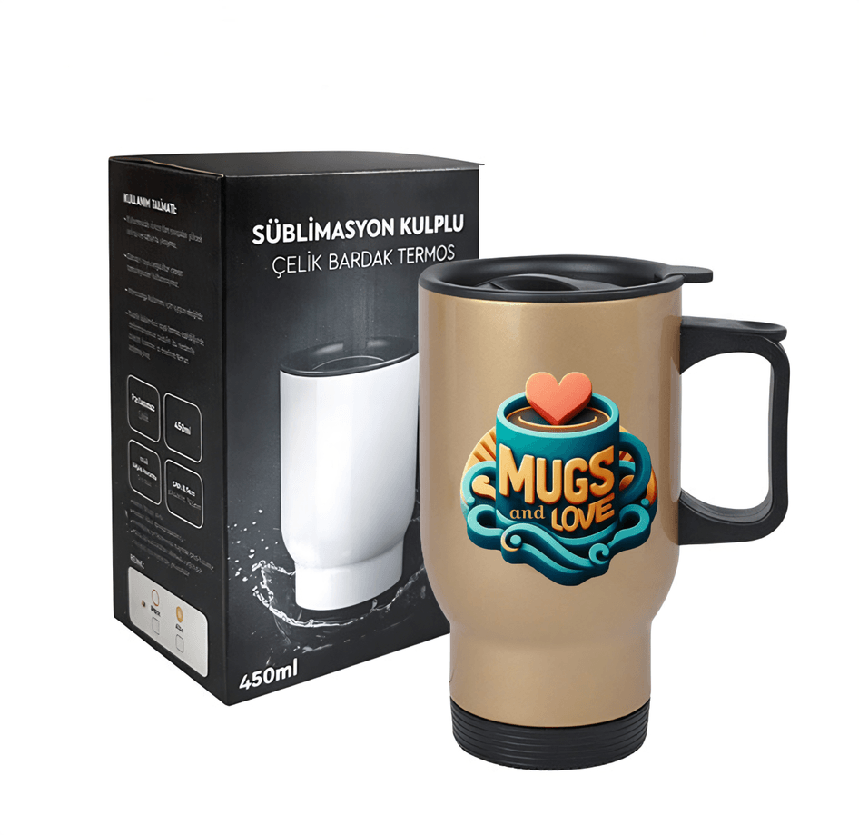 Kişiye özel Altın renk Çelik Kulplu Bardak Termos