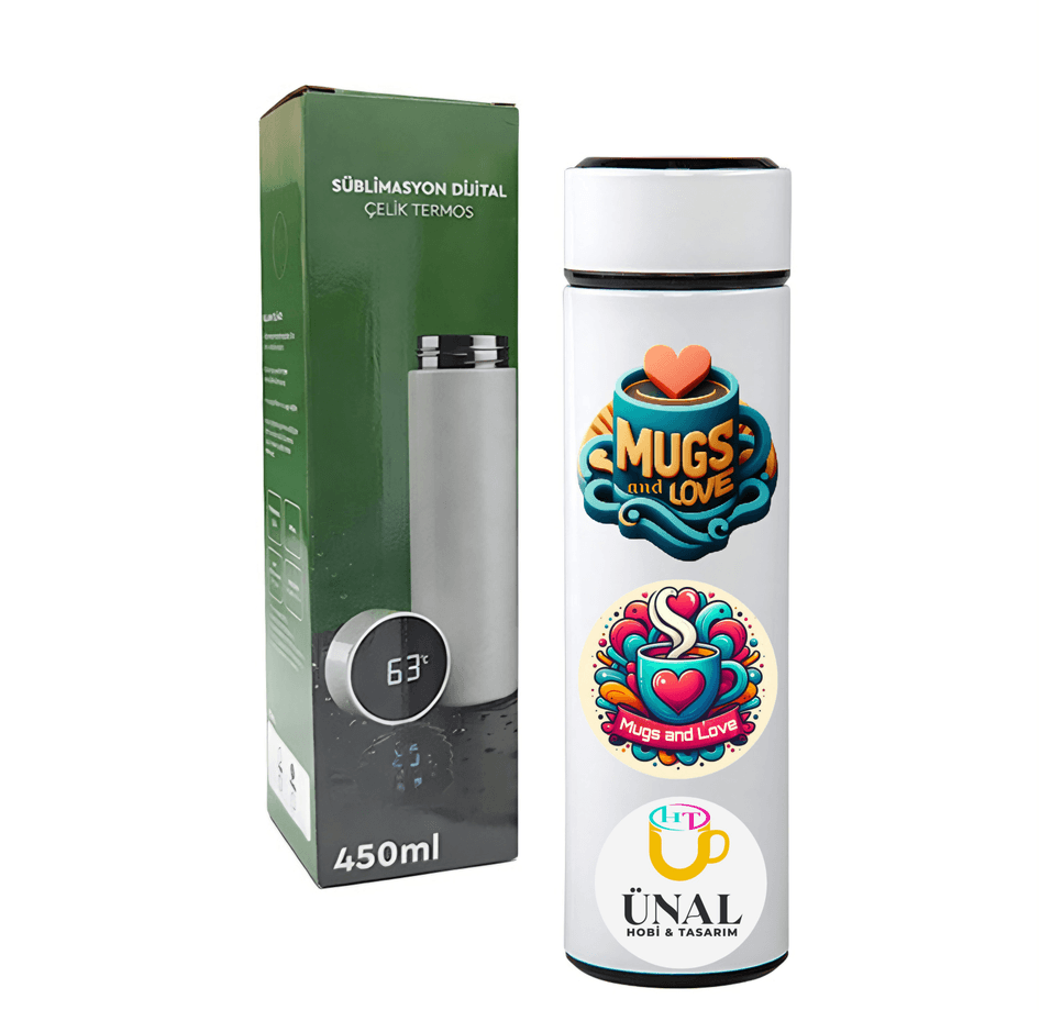 Kişiye özel Beyaz Dijital Göstergeli Filitreli Çelik Termos