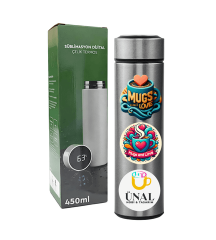 Kişiye özel Gri Dijital Göstergeli Filitreli Çelik Termos