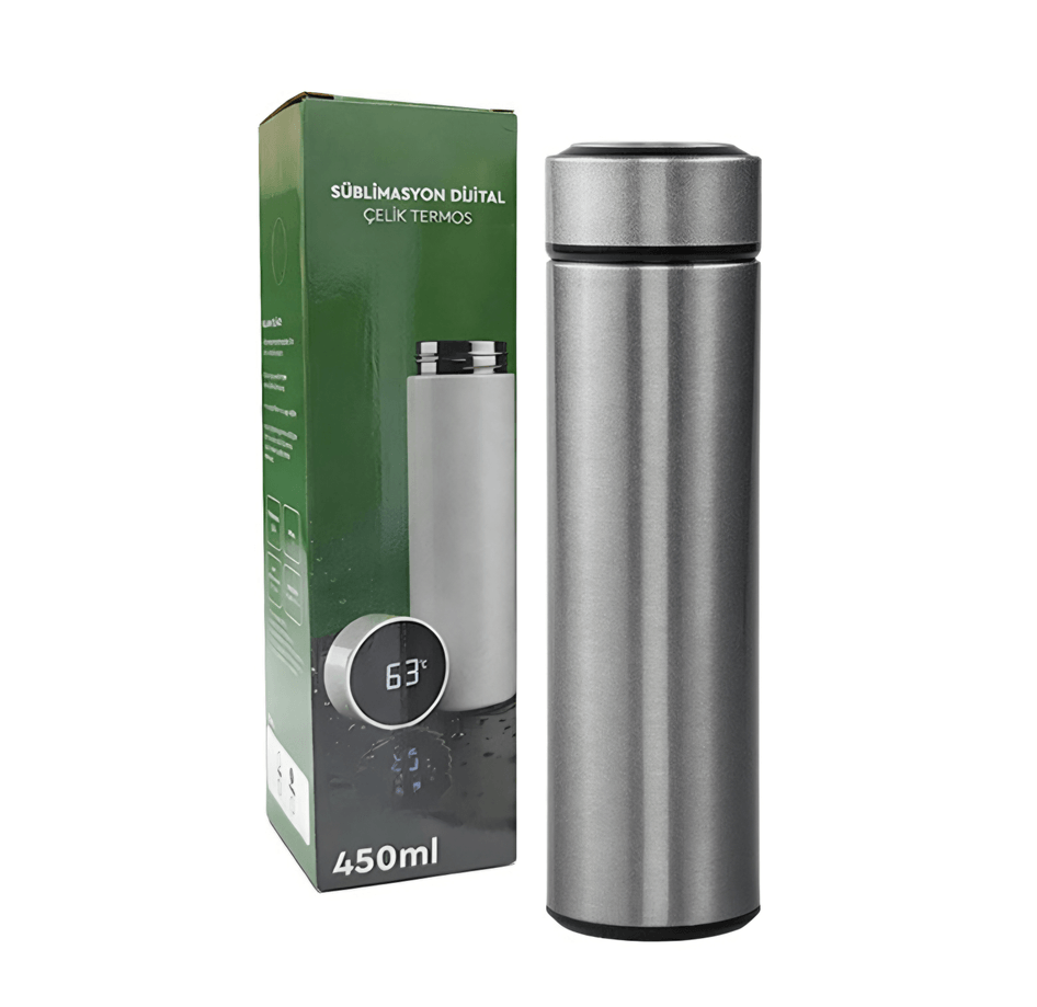 Kişiye özel Gri Dijital Göstergeli Filitreli Çelik Termos