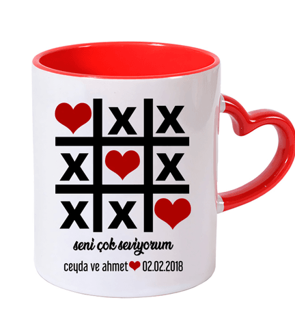 Kişiye özel İçı ve Kulpu Kırmızı Kalp Kulplu Sevgili Kupası
