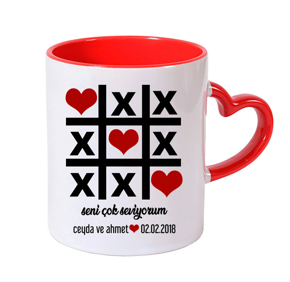 Kişiye özel İçı ve Kulpu Kırmızı Kalp Kulplu Sevgili Kupası