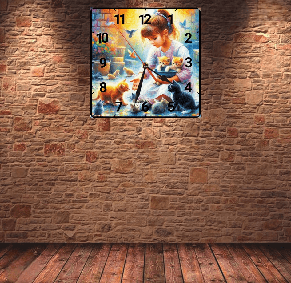 Kedili kız vintage baskı metal hediyelik dekoratif kaliteli duvar saati