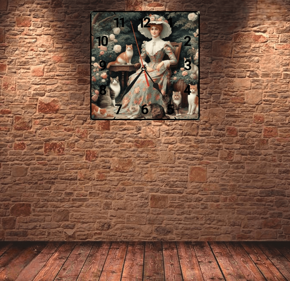 Kedili kadın vintage baskı metal hediyelik dekoratif kaliteli duvar saati