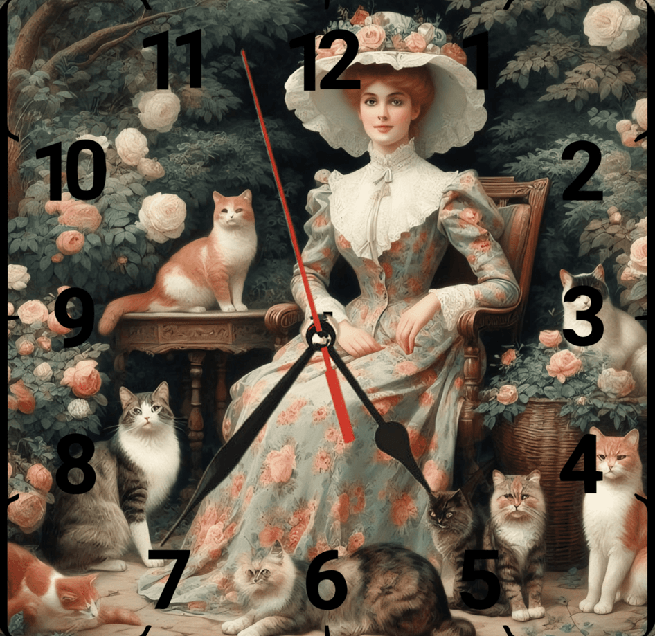Kedili kadın vintage baskı metal hediyelik dekoratif kaliteli duvar saati