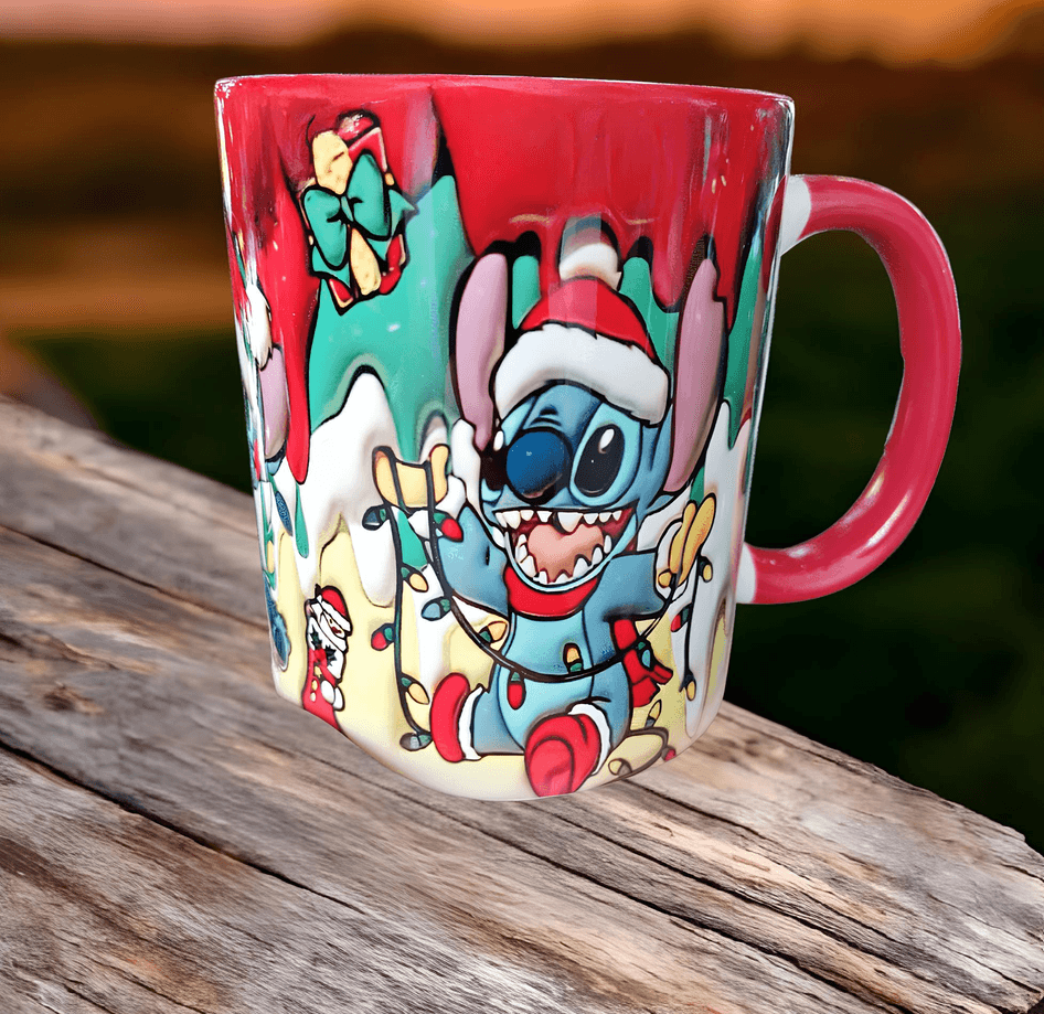Stitch Noel yılbaşı Baskı içi ve Kulpu Renkli Kupa