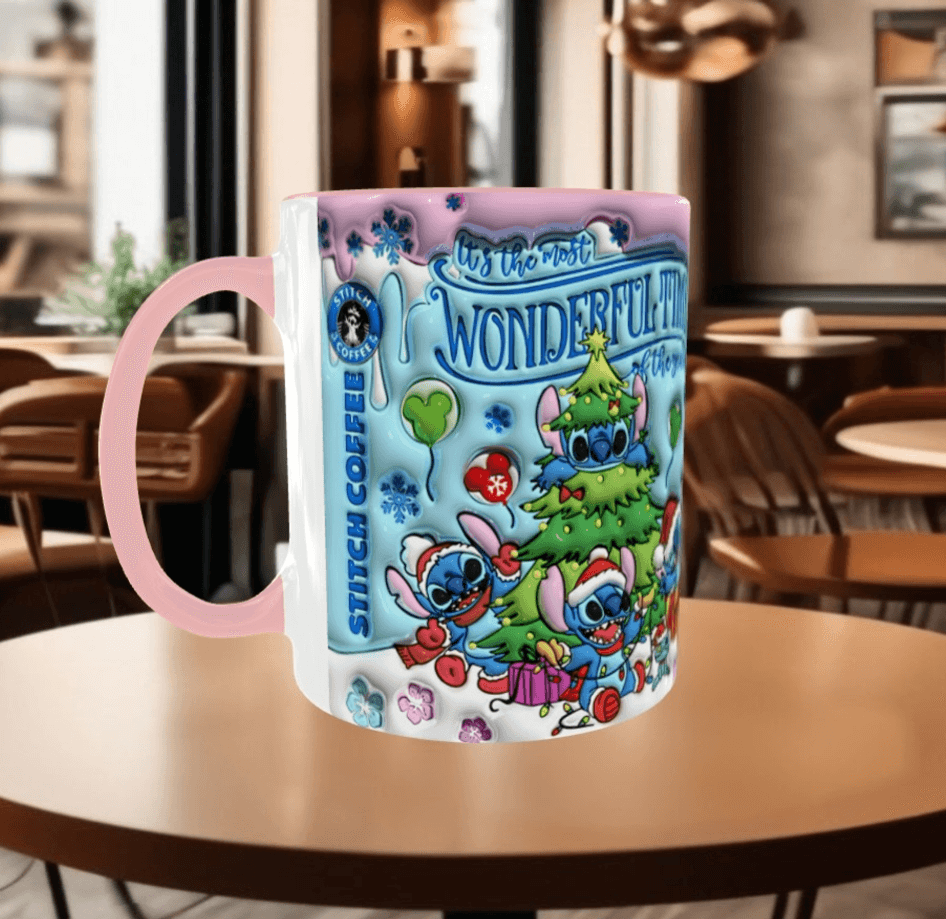Stitch Noel yılbaşı Baskı içi ve Kulpu Renkli Kupa