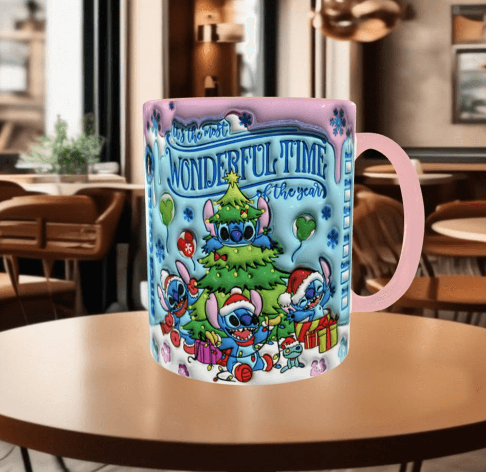 Stitch Noel yılbaşı Baskı içi ve Kulpu Renkli Kupa