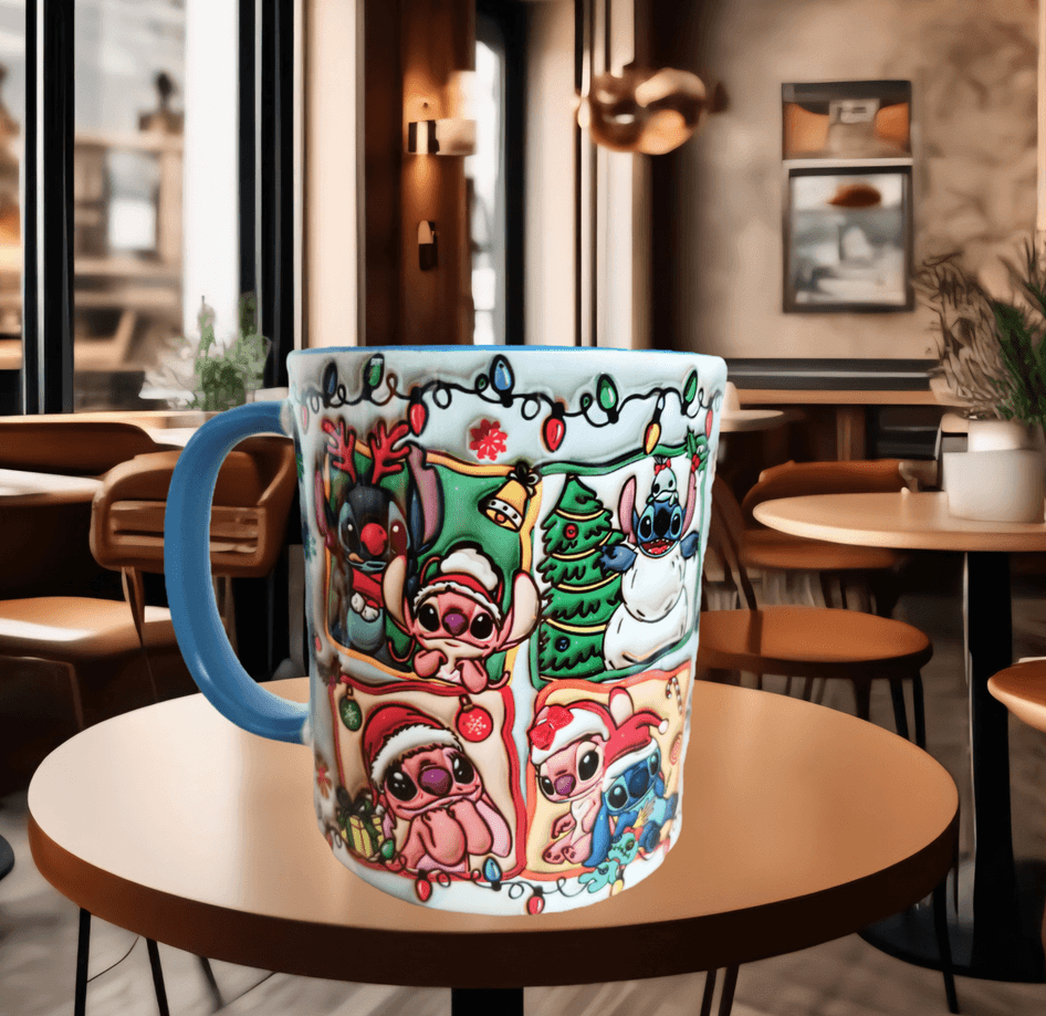 Stitch Noel yılbaşı Baskı içi ve Kulpu Renkli Kupa