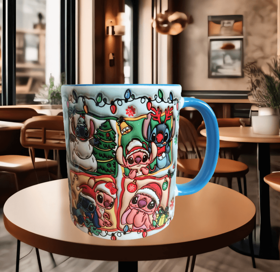 Stitch Noel yılbaşı Baskı içi ve Kulpu Renkli Kupa