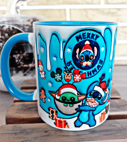 Stitch Noel yılbaşı Baskı içi ve Kulpu Renkli Kupa