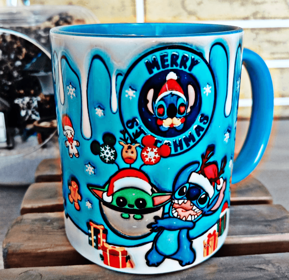 Stitch Noel yılbaşı Baskı içi ve Kulpu Renkli Kupa