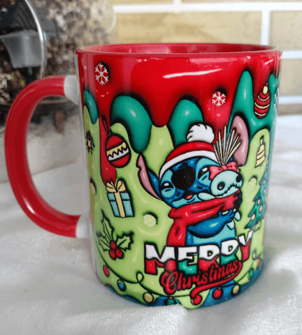 Stitch Noel yılbaşı Baskı içi ve Kulpu Renkli Kupa