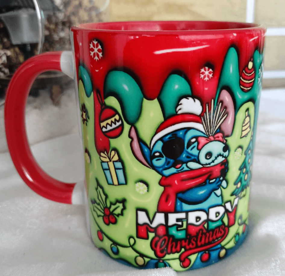 Stitch Noel yılbaşı Baskı içi ve Kulpu Renkli Kupa