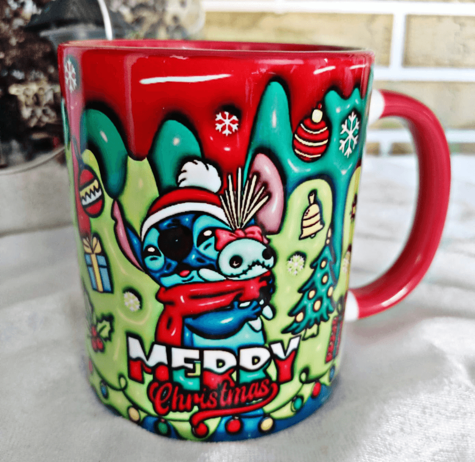 Stitch Noel yılbaşı Baskı içi ve Kulpu Renkli Kupa