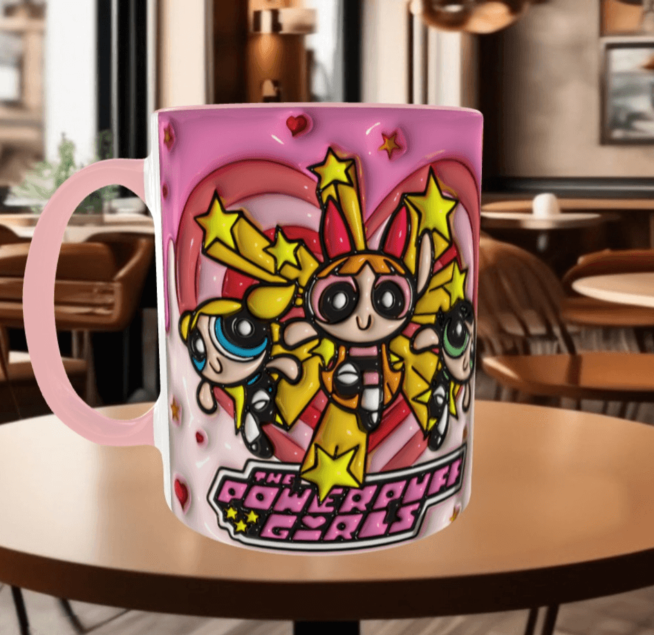 Power puff Baskı içi ve Kulpu Renkli Kupa