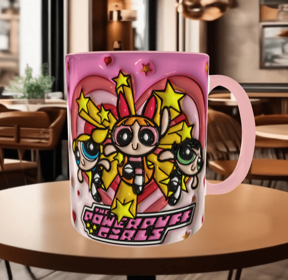 Power puff Baskı içi ve Kulpu Renkli Kupa
