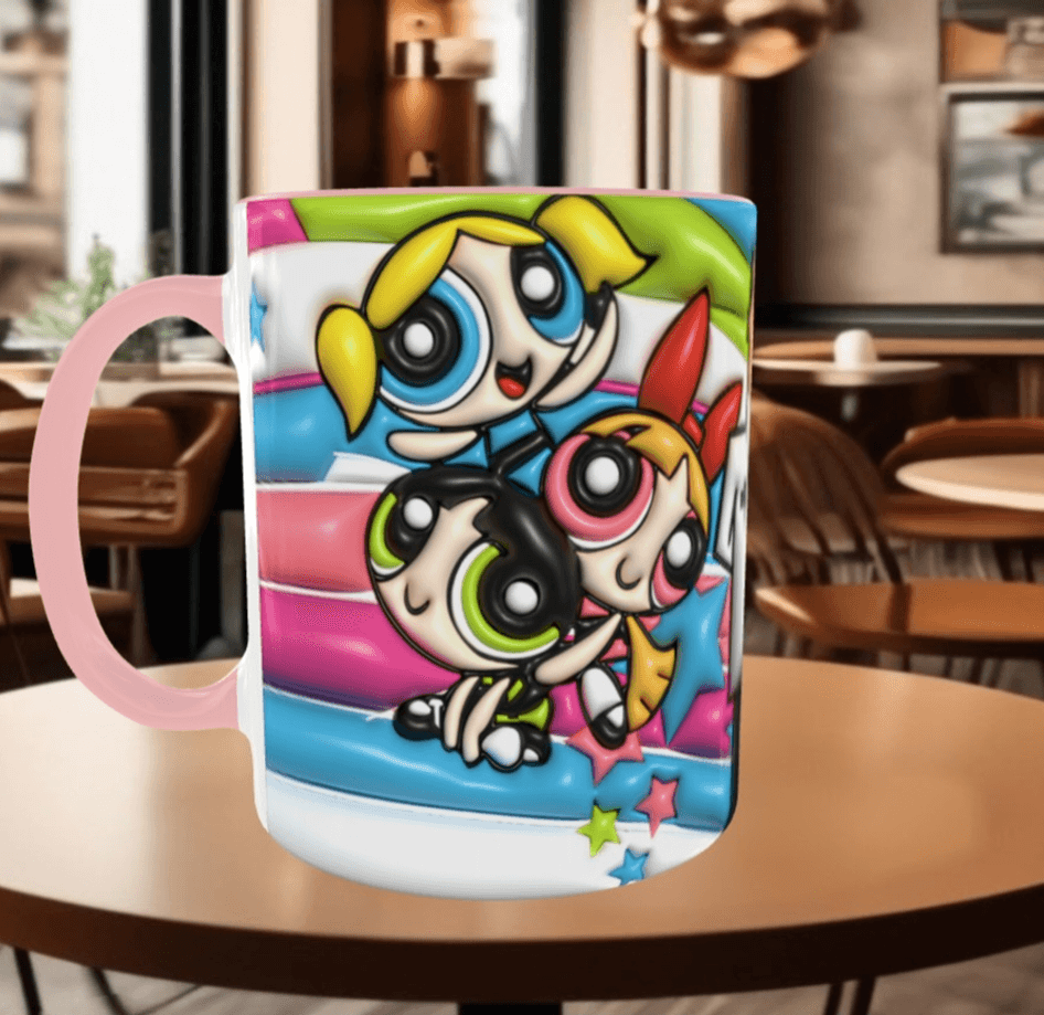 Power puff Baskı içi ve Kulpu Renkli Kupa